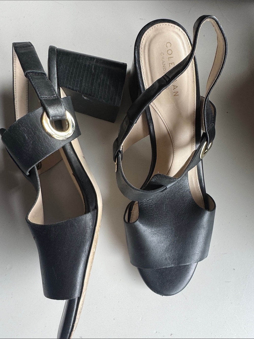Cole Haan Black Leather Block Heel Slingback Sandals with Gold Accent